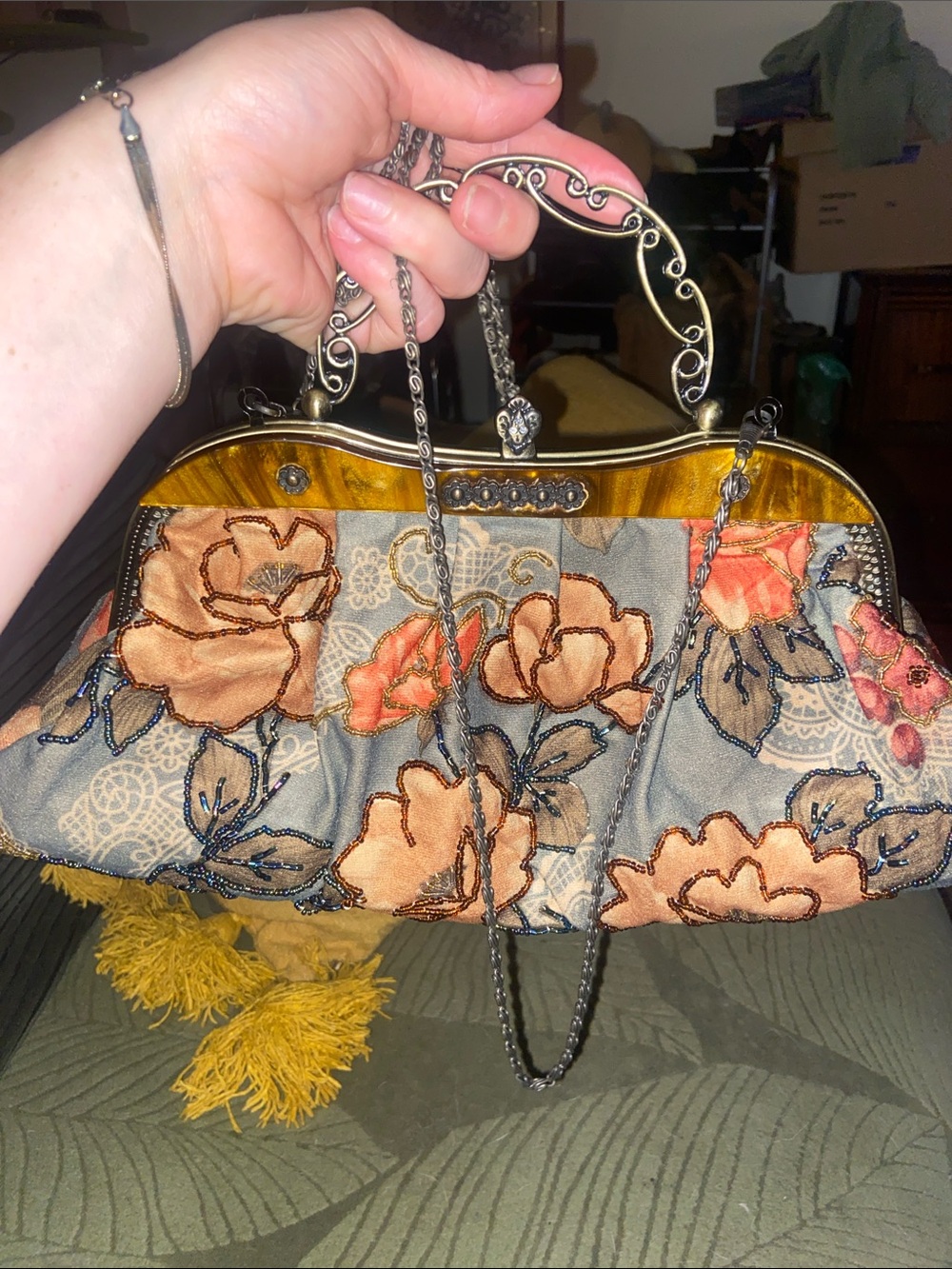 Embroidered Floral Frame Clutch in Peach and Gray